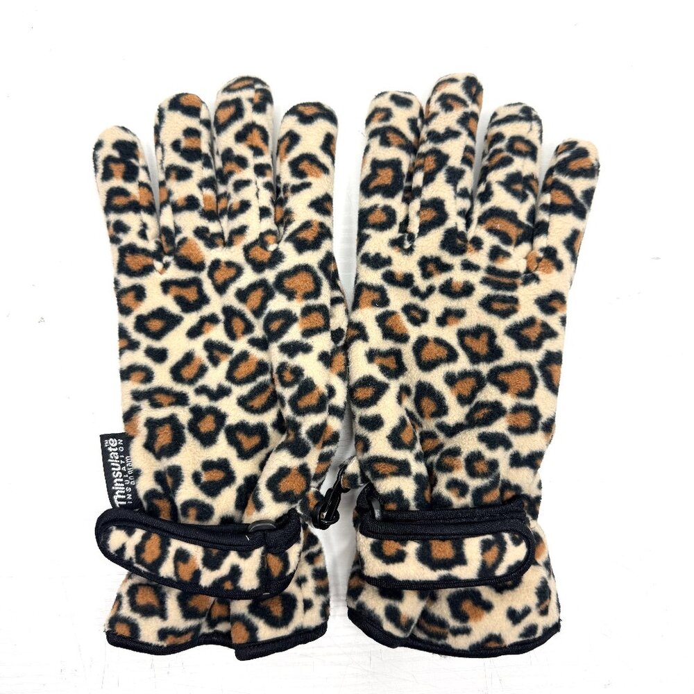 Leopard Animal Print Fleece Adjustable Wrist Strap Gloves One Size Brown Black